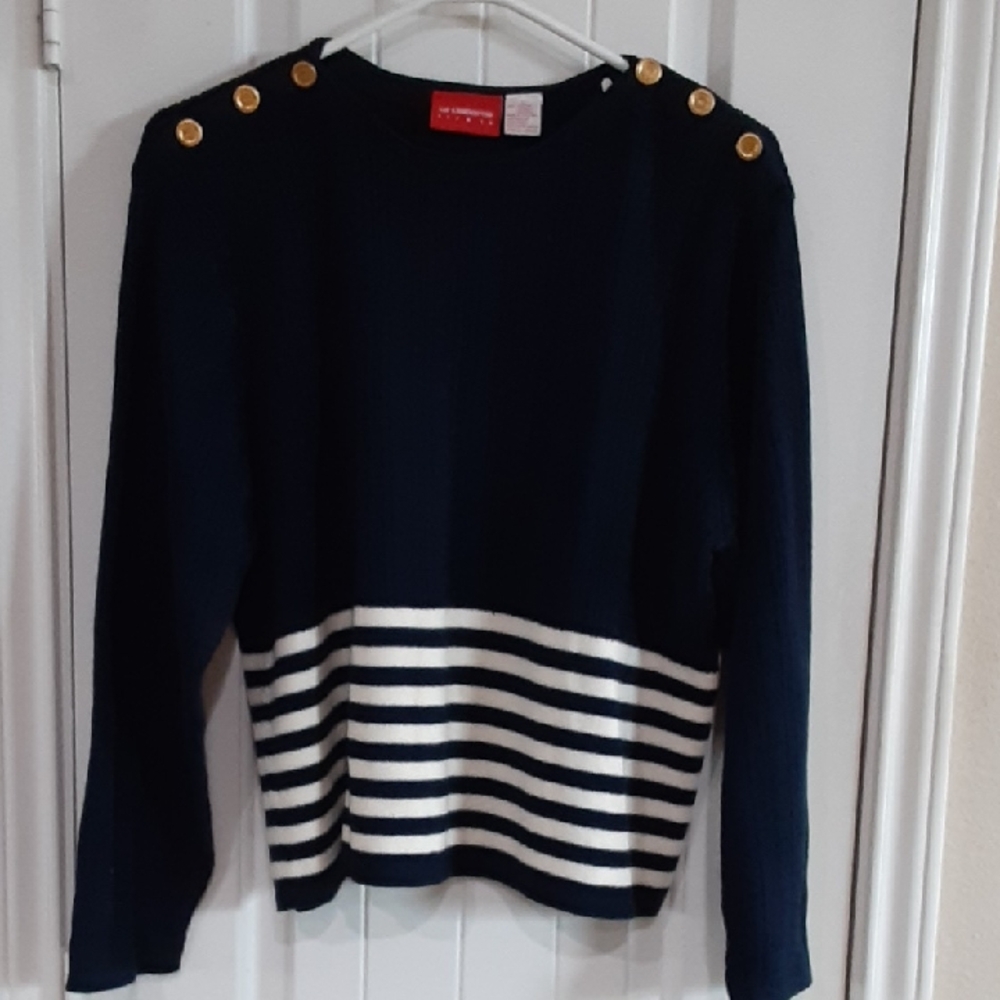 Liz Claiborne 100% Cotton Nautical Striped Sweater-Gold Button-L-EUC